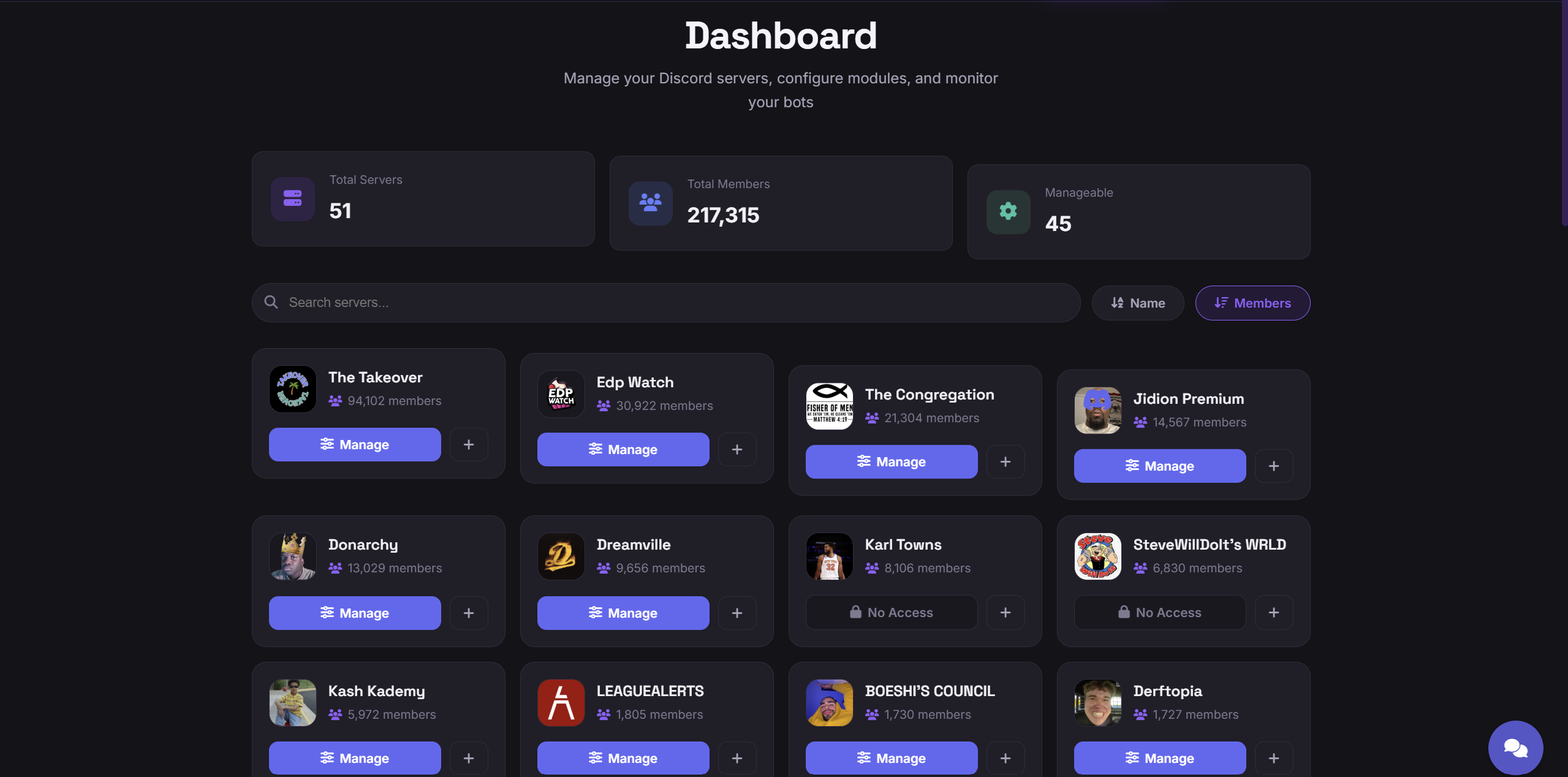 The Krow web dashboard listing every managed Discord server