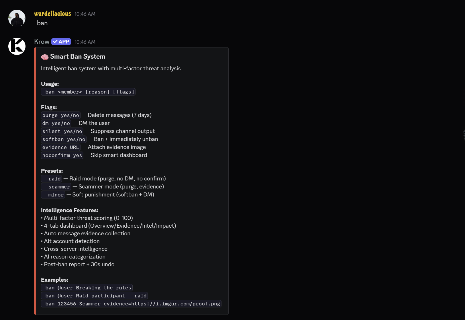 Krow smart ban system with threat analysis