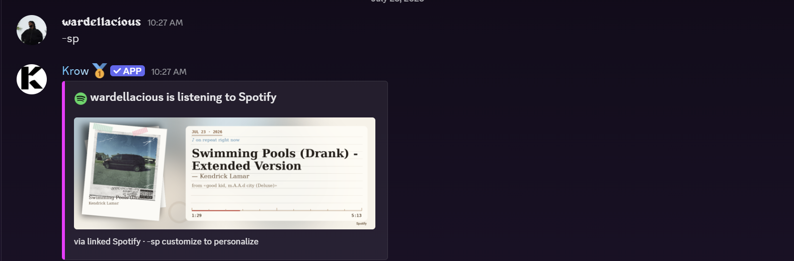 Krow Spotify now-playing card in a polaroid theme